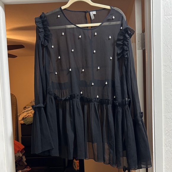 ASOS Black Sheer Blouse with Ruffles and Pearls - Picture 1 of 3